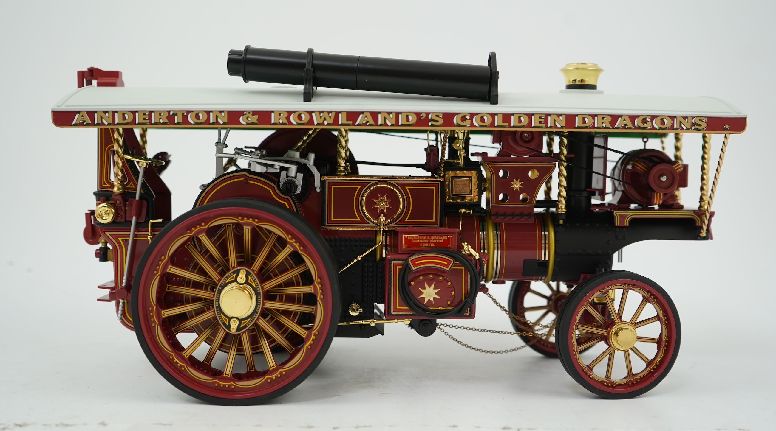 A Midsummer Models Ltd. 1:24 scale model of a Burrell Showman’s Engine, Earl Beatty, in ‘Anderson & Rowland’s Jungle Speedway’ livery, missing the original card box, but with an oak and Perspex display case